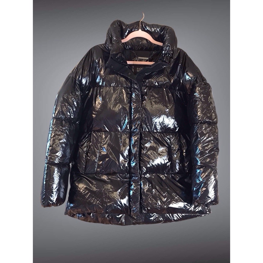 NWT Women BADGLEY MISCHKA Roberta Coat Jacket Puffer Shiny Black Vegan Down L